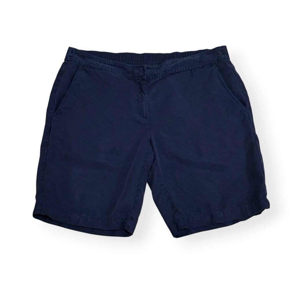 Eileen Fisher Tencel Linen Shorts M Navy Blue Elastic Back 9" Bermuda Chino